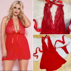 Red sexy lace sheer baby doll lingerie one size